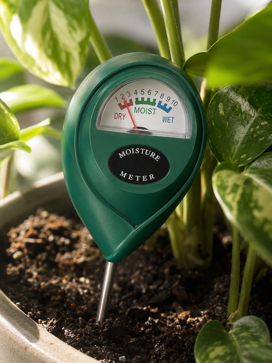 Analog soil moisture meter with a 1–10 dial, probe inserted in a potted pothos